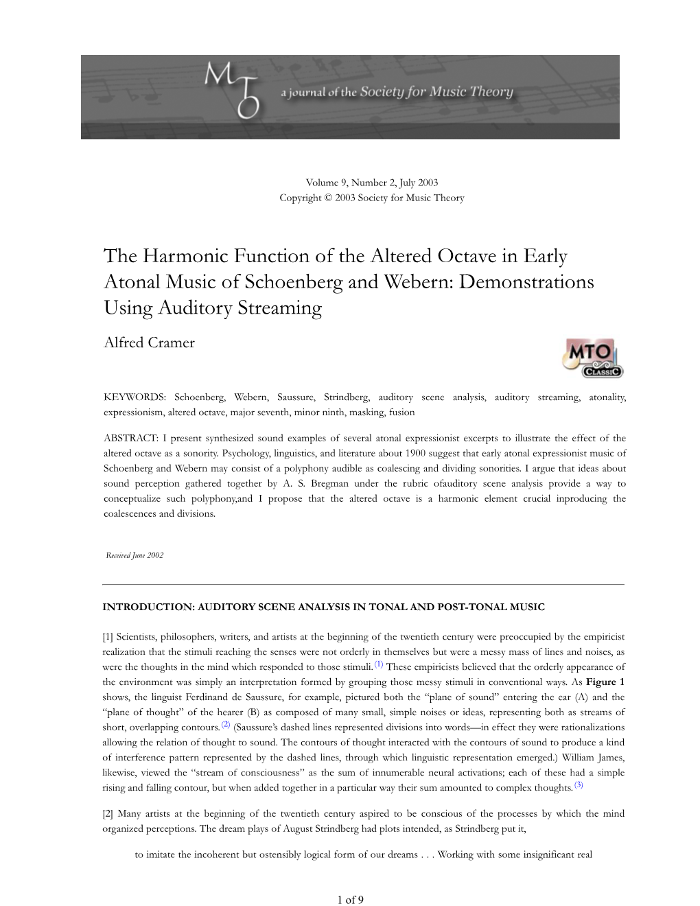 MTO 9.2: Cramer, Harmonic Function of the Altered Octave