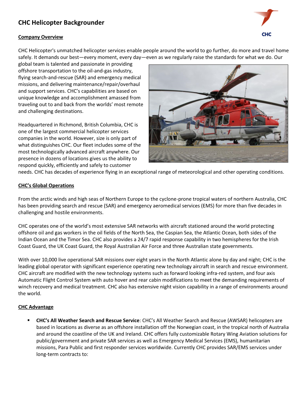 CHC Helicopter Backgrounder