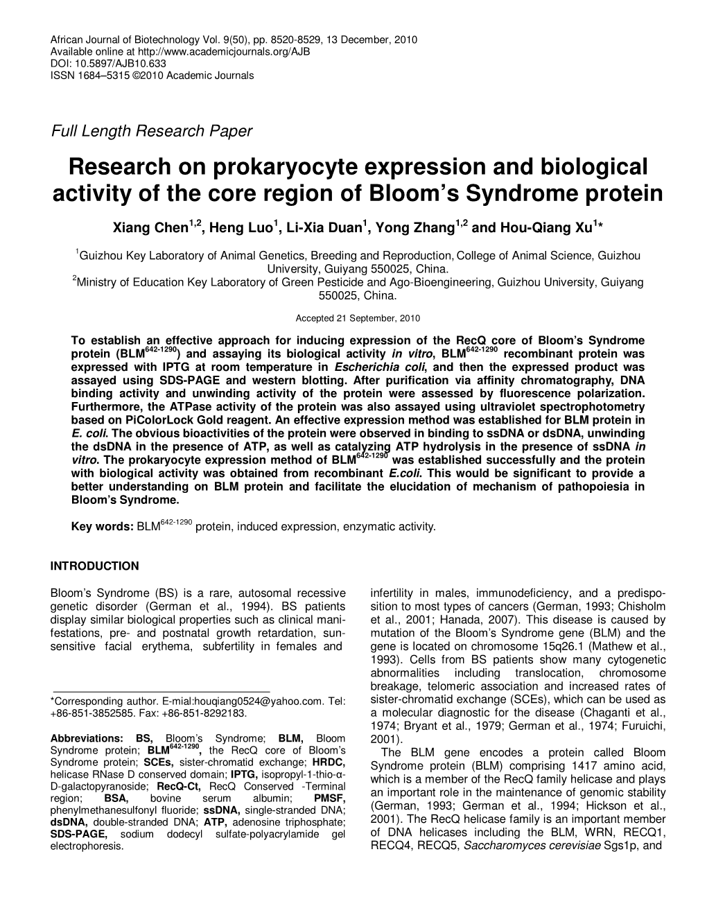 Research on Prokaryocyte Expression and Biological Activity of the Core Region of Bloom’S Syndrome Protein