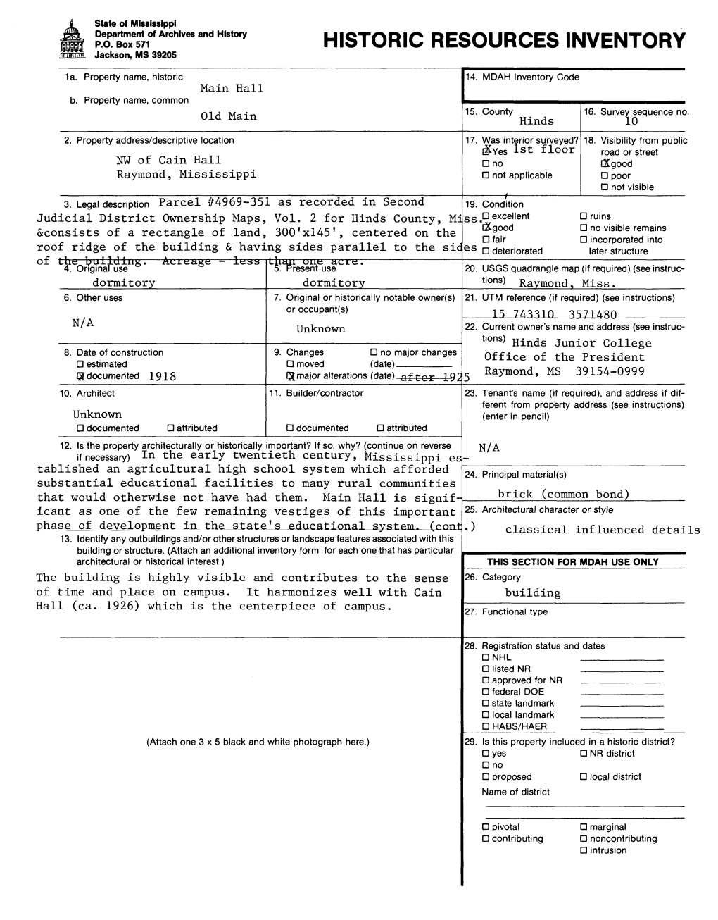 HISTORIC RESOURCES INVENTORY Jackson, MS 39205