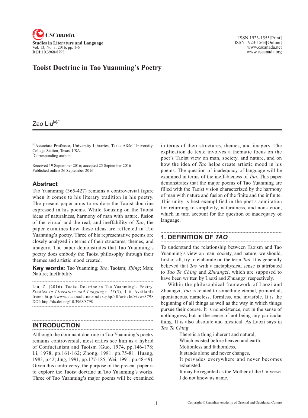 Taoist Doctrine in Tao Yuanming's Poetry