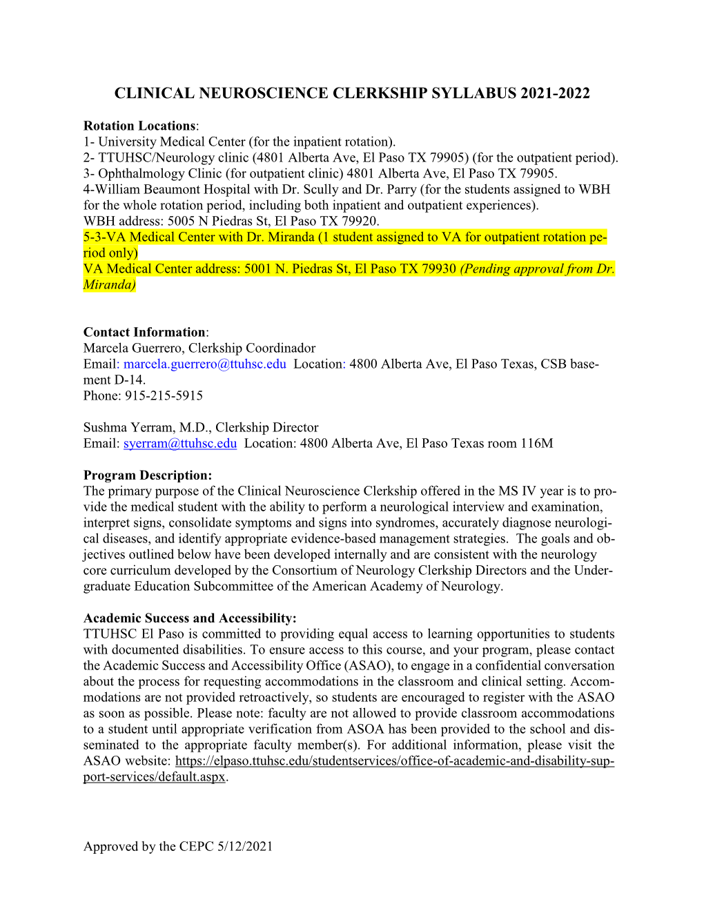 Clinical Neuroscience Clerkship Syllabus 2021-2022