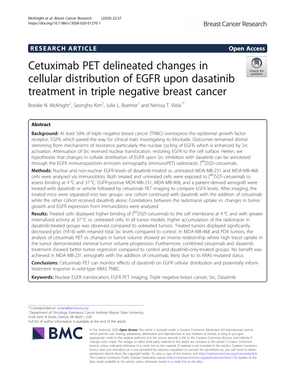 Cetuximab PET Delineated Changes in Cellular Distribution of EGFR Upon Dasatinib Treatment in Triple Negative Breast Cancer Brooke N