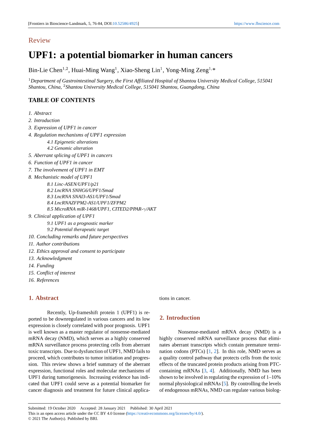 UPF1: a Potential Biomarker in Human Cancers