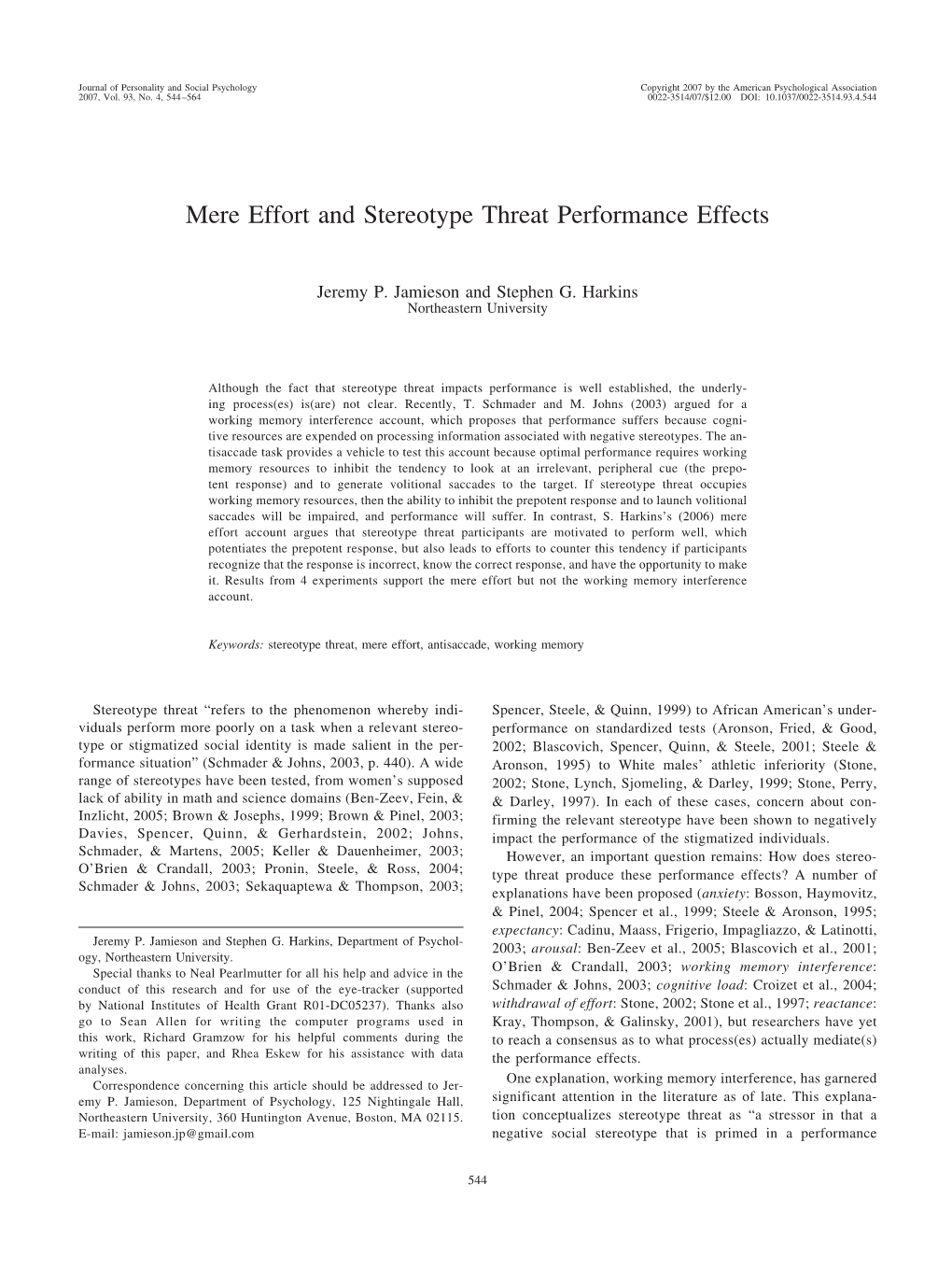 Mere Effort and Stereotype Threat Performance Effects