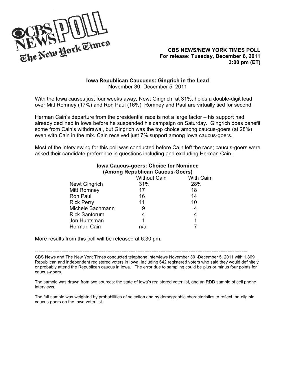 Iowa Republican Caucuses: Gingrich in the Lead November 30- December 5, 2011