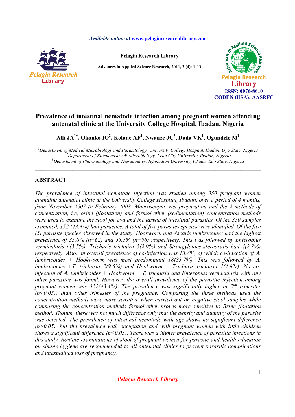 Prevalence of Intestinal Nematode Infection Among Pregnant Women Attending Antenatal Clinic at the University College Hospital, Ibadan, Nigeria