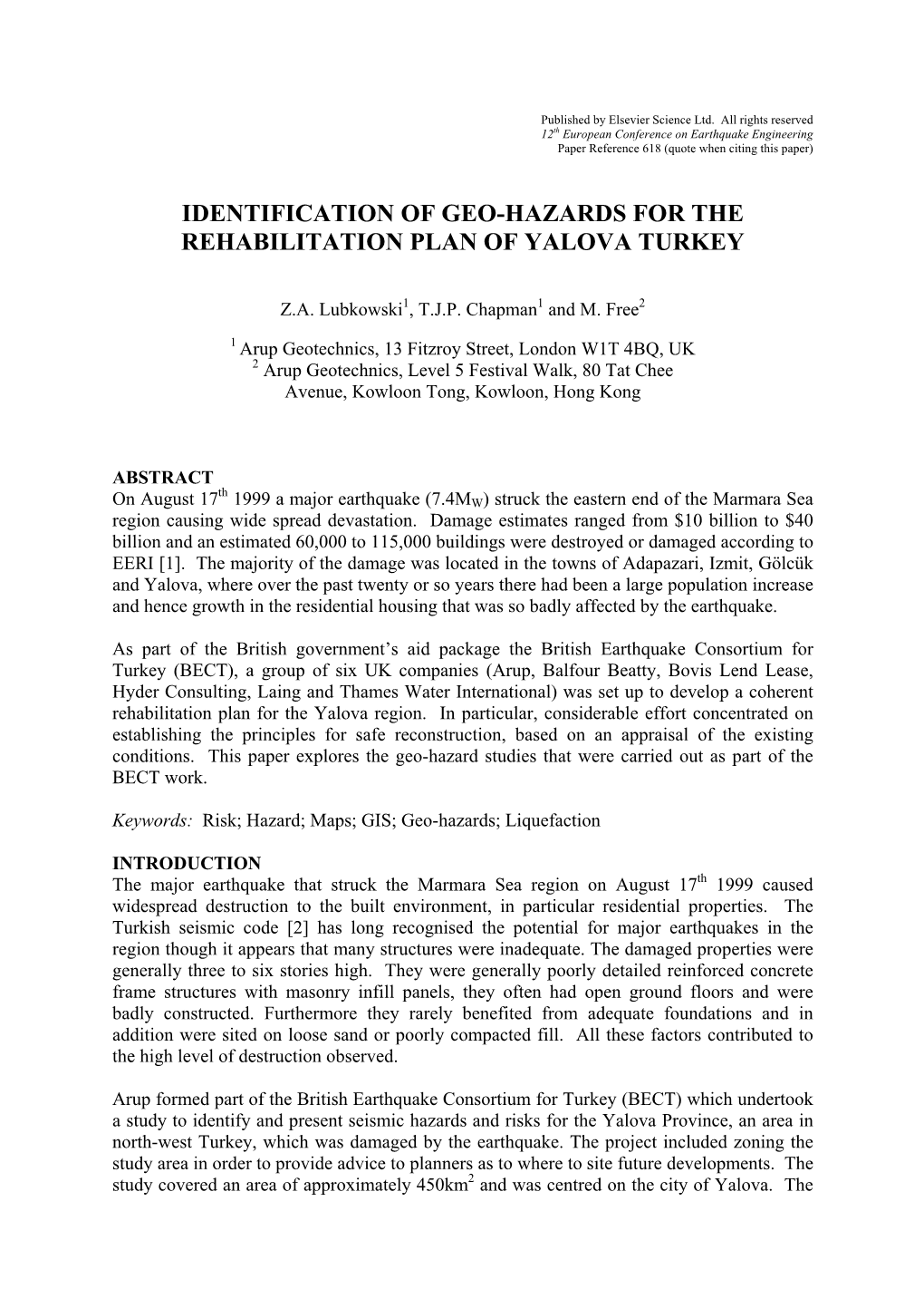 Identification of Geo-Hazards for the Rehabilitation Plan of Yalova Turkey