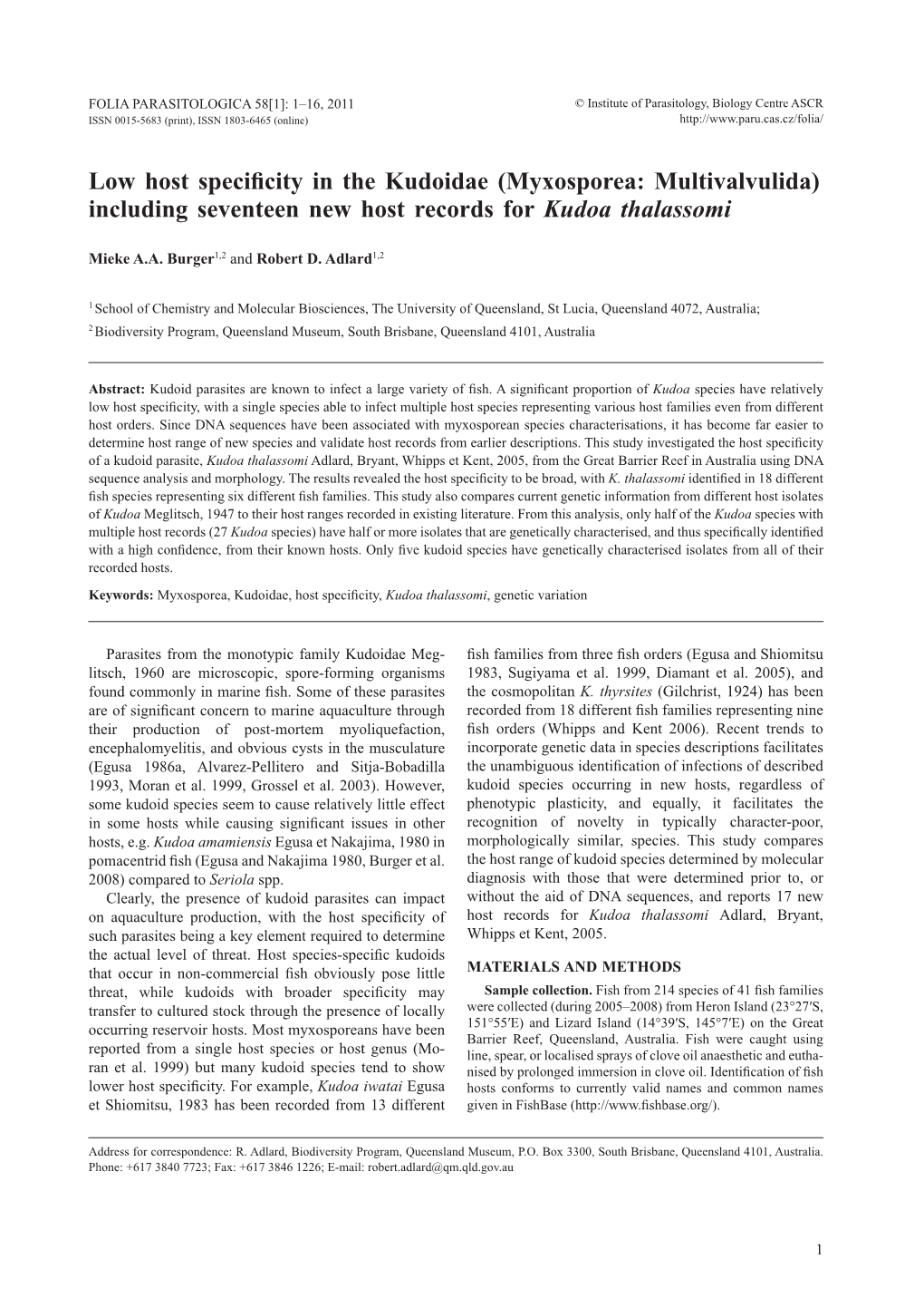 Myxosporea: Multivalvulida) Including Seventeen New Host Records for Kudoa Thalassomi