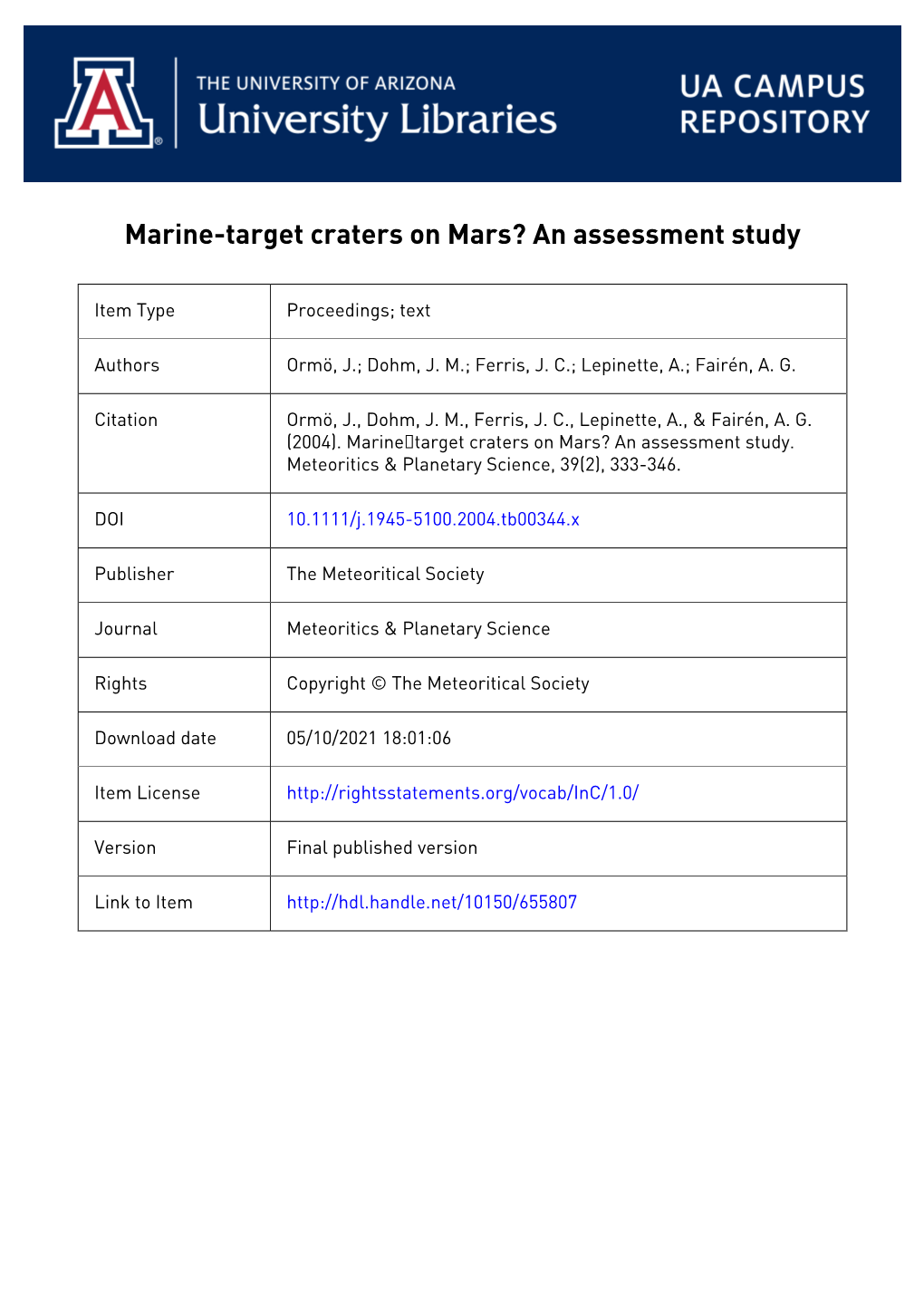 Marine-Target Craters on Mars? an Assessment Study