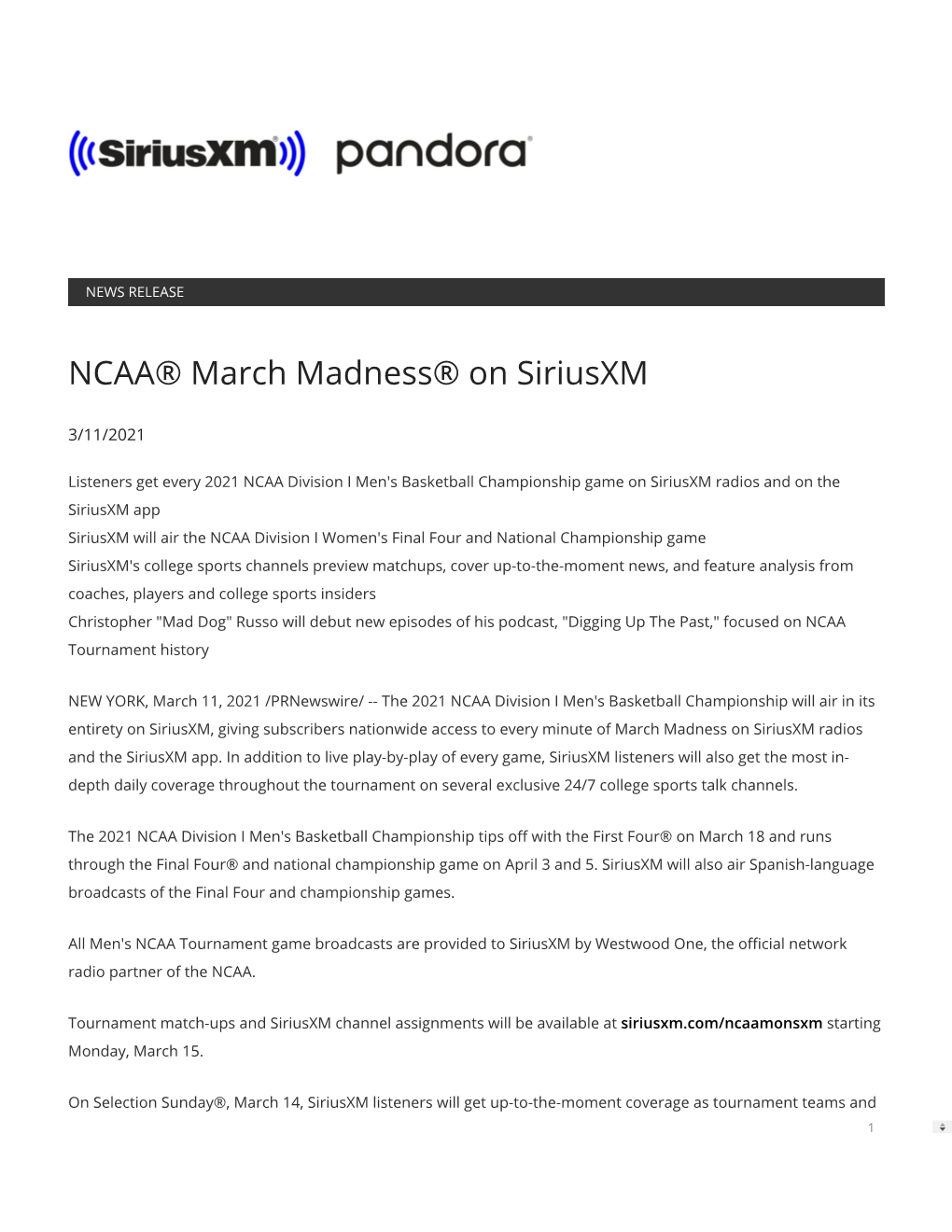 NCAA® March Madness® on Siriusxm