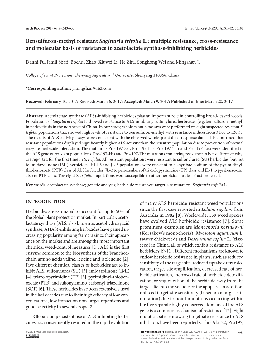 Bensulfuron-Methyl Resistant Sagittaria Trifolia L