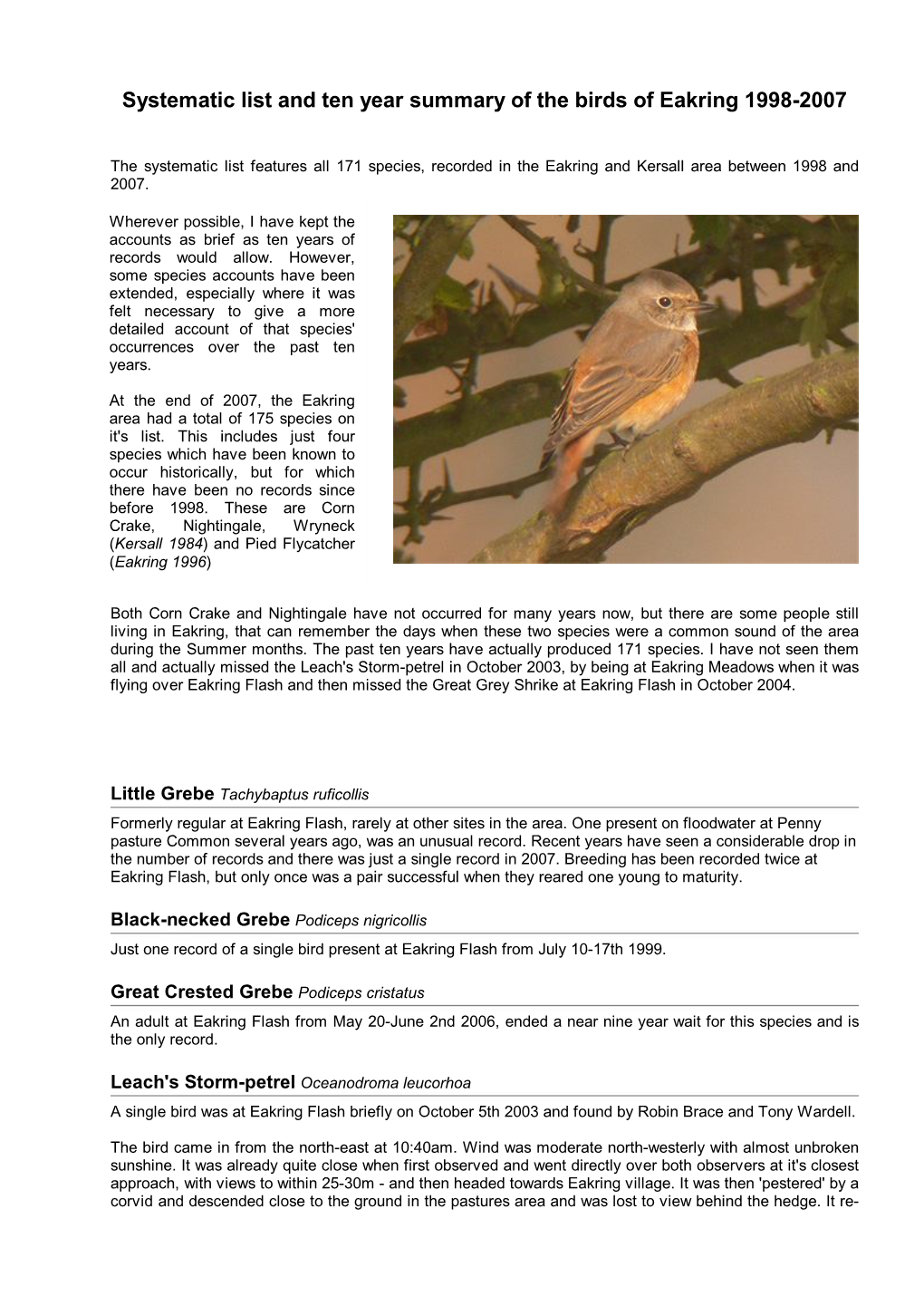 Systematic List and Ten Year Summary of the Birds of Eakring 1998-2007