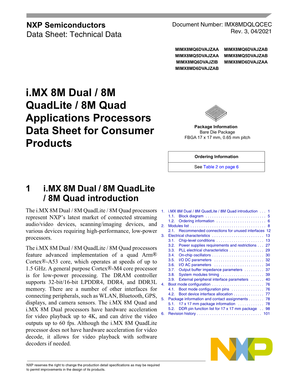I.MX 8M Dual / 8M Quadlite / 8M Quad Applications Processors Data Sheet for Consumer Products, Rev