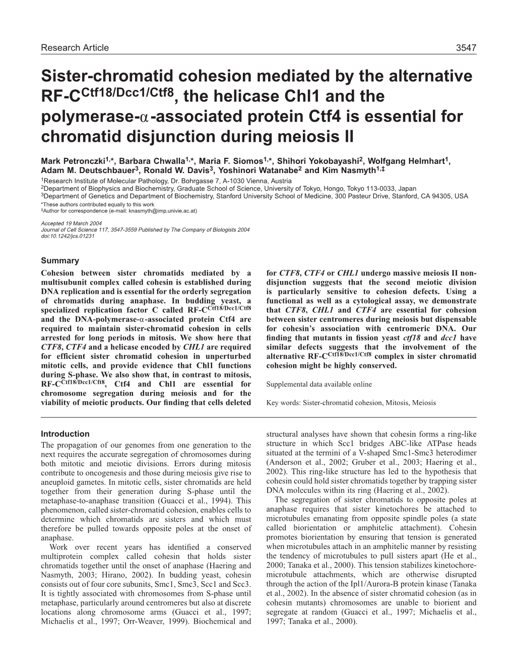 Sister-Chromatid Cohesion Mediated by the Alternative RF-Cctf18/Dcc1