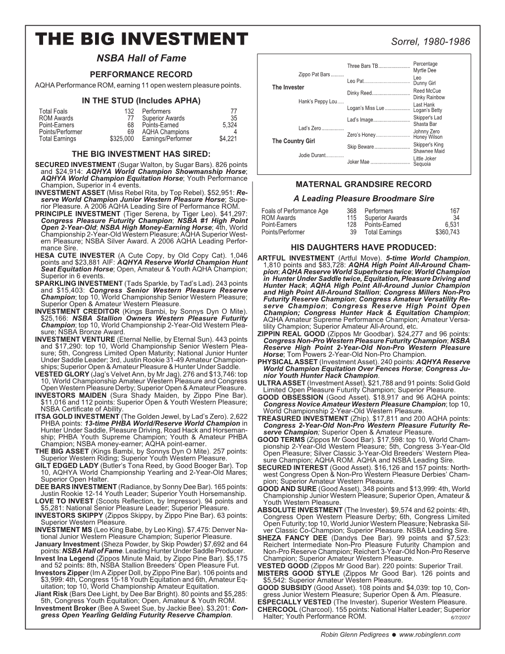 THE BIG INVESTMENT Sorrel, 1980-1986 NSBA Hall of Fame Three Bars TB