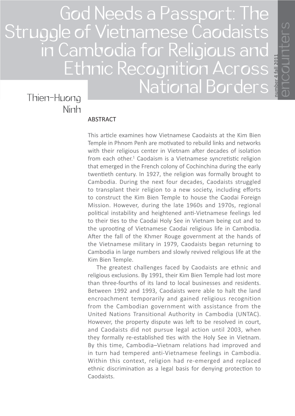 God Needs a Passport: the Struggle of Vietnamese Caodaists in Cambodia for Religious and Ethnic Recognition Across