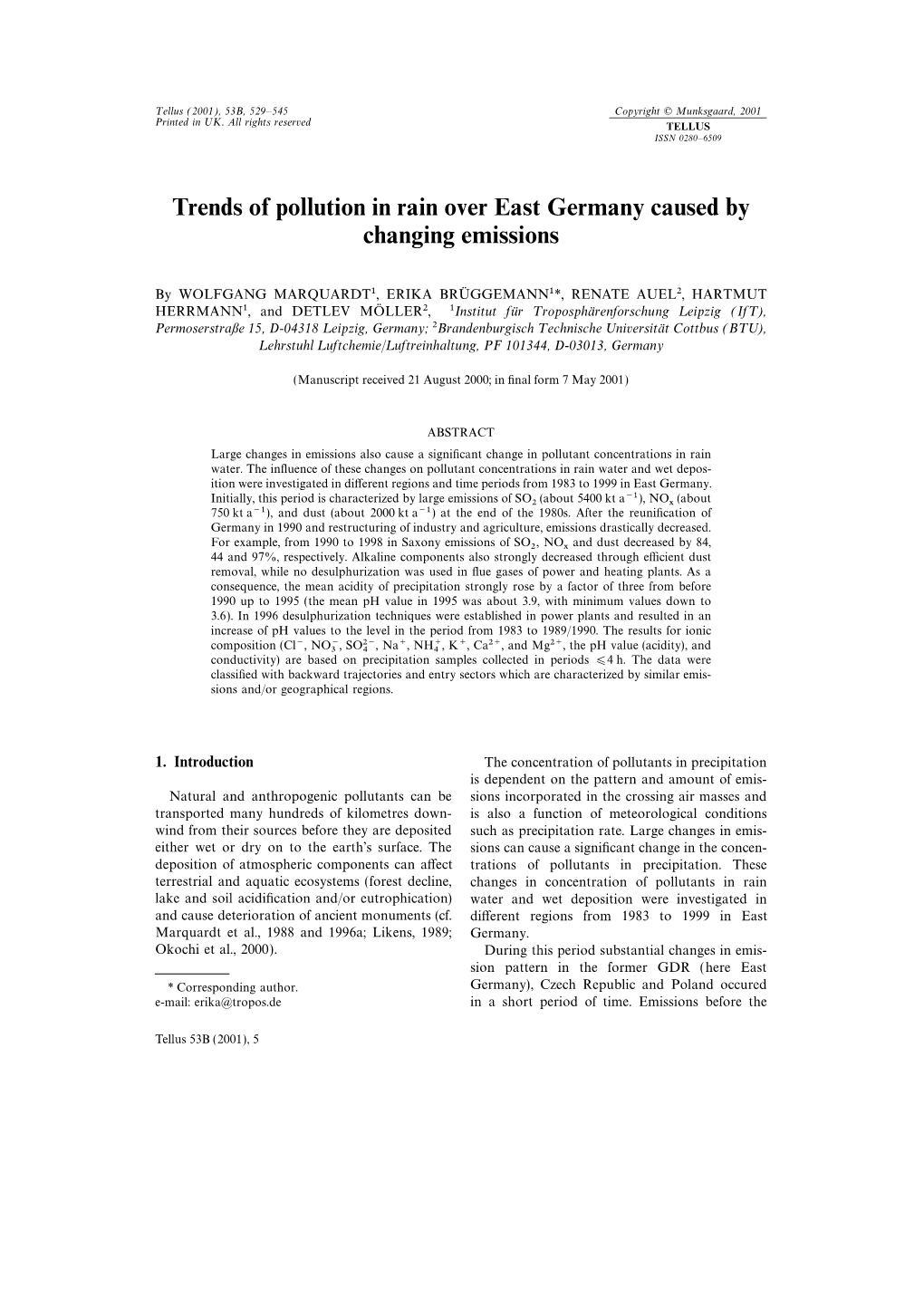 Trends of Pollution in Rain Over East Germany Caused by Changing Emissions