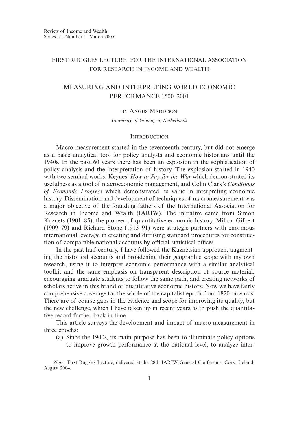 Measuring and Interpreting World Economic Performance 1500–2001