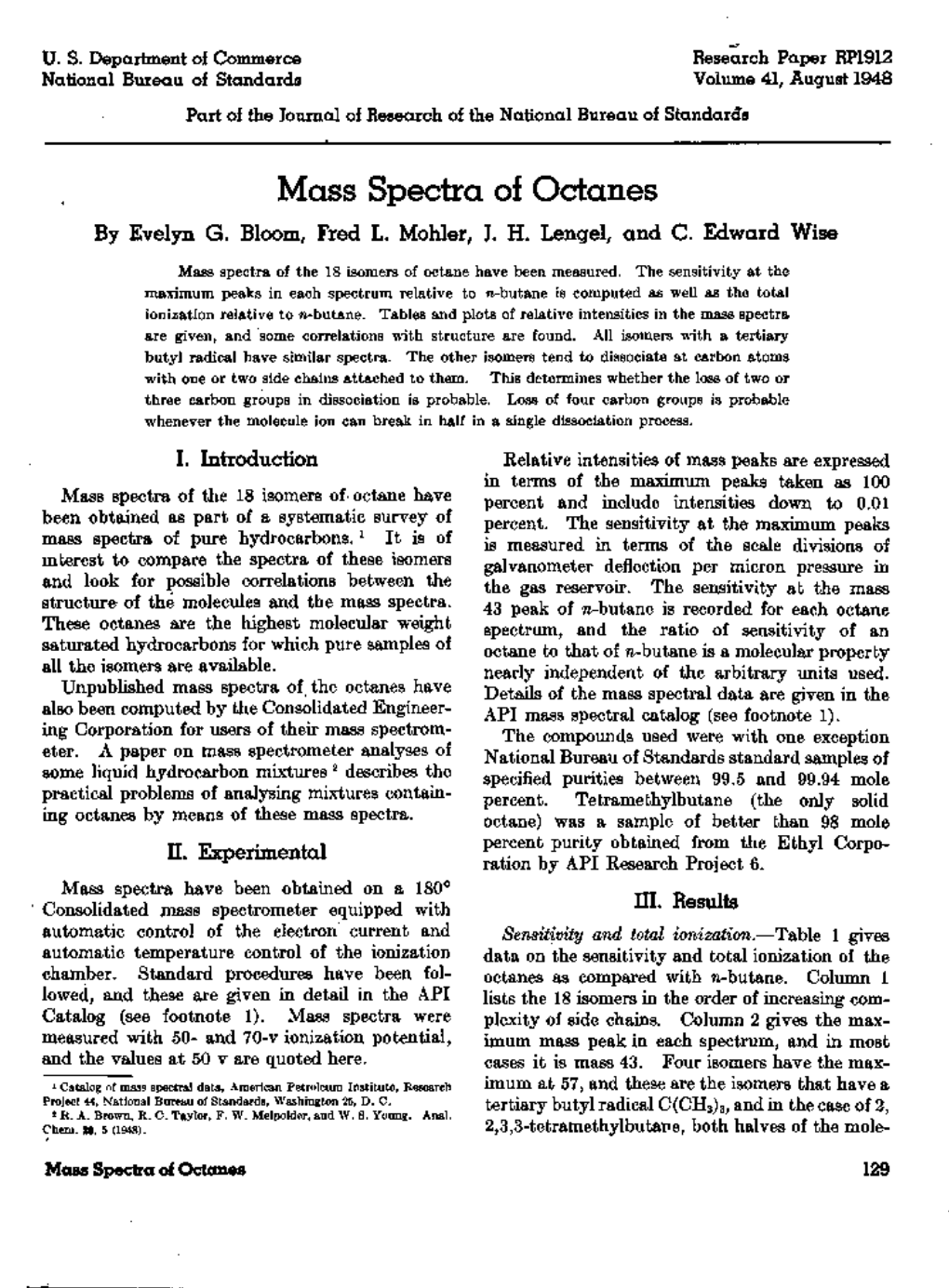 Mass Spectra of Octanes by Evelyn G