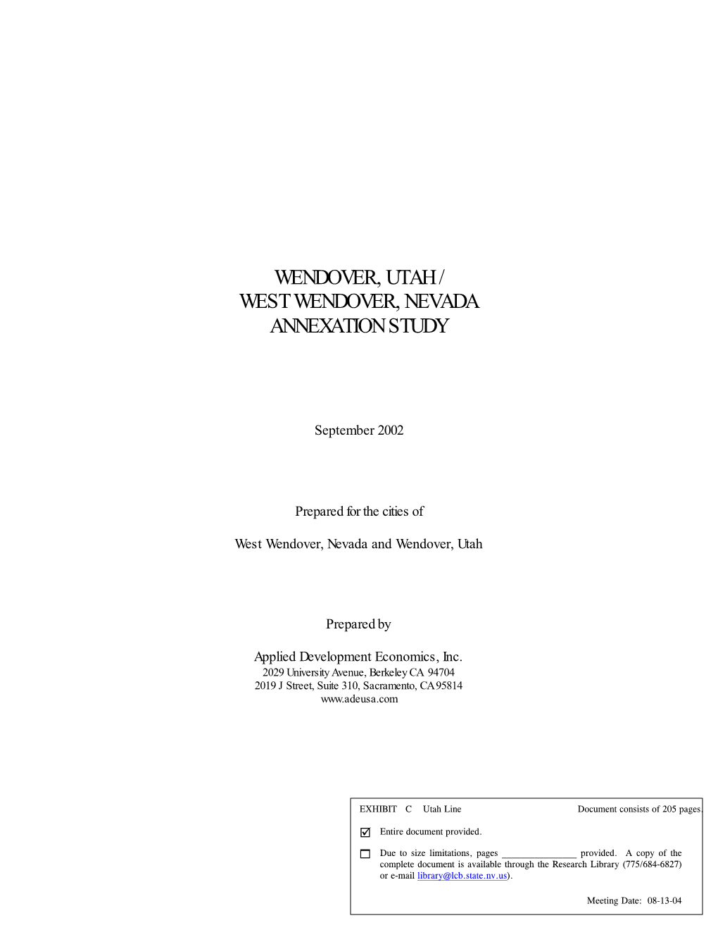 Wendover, Utah / West Wendover, Nevada Annexation Study