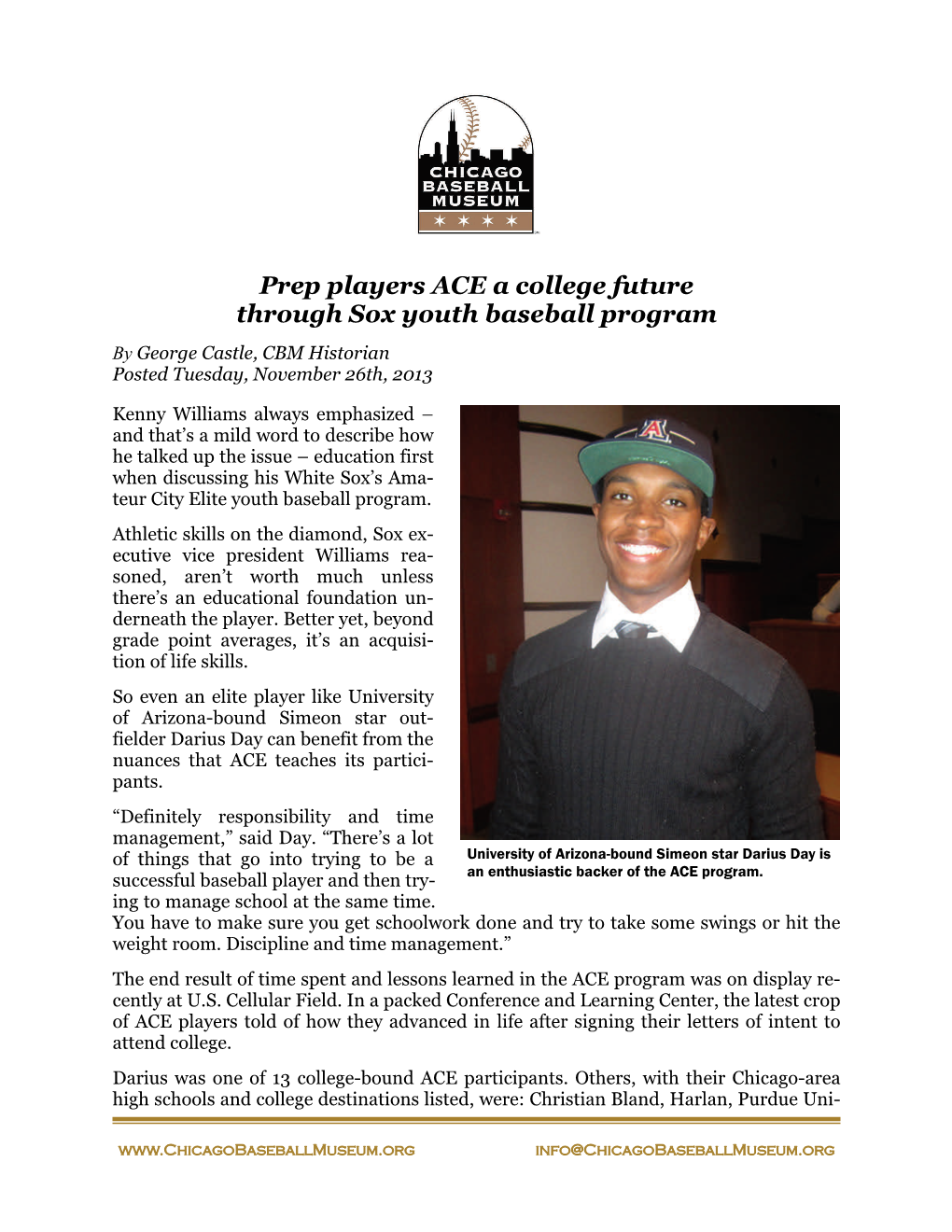 Prep Players ACE a College Future Through Sox Youth Baseball Program by George Castle, CBM Historian Posted Tuesday, November 26Th, 2013