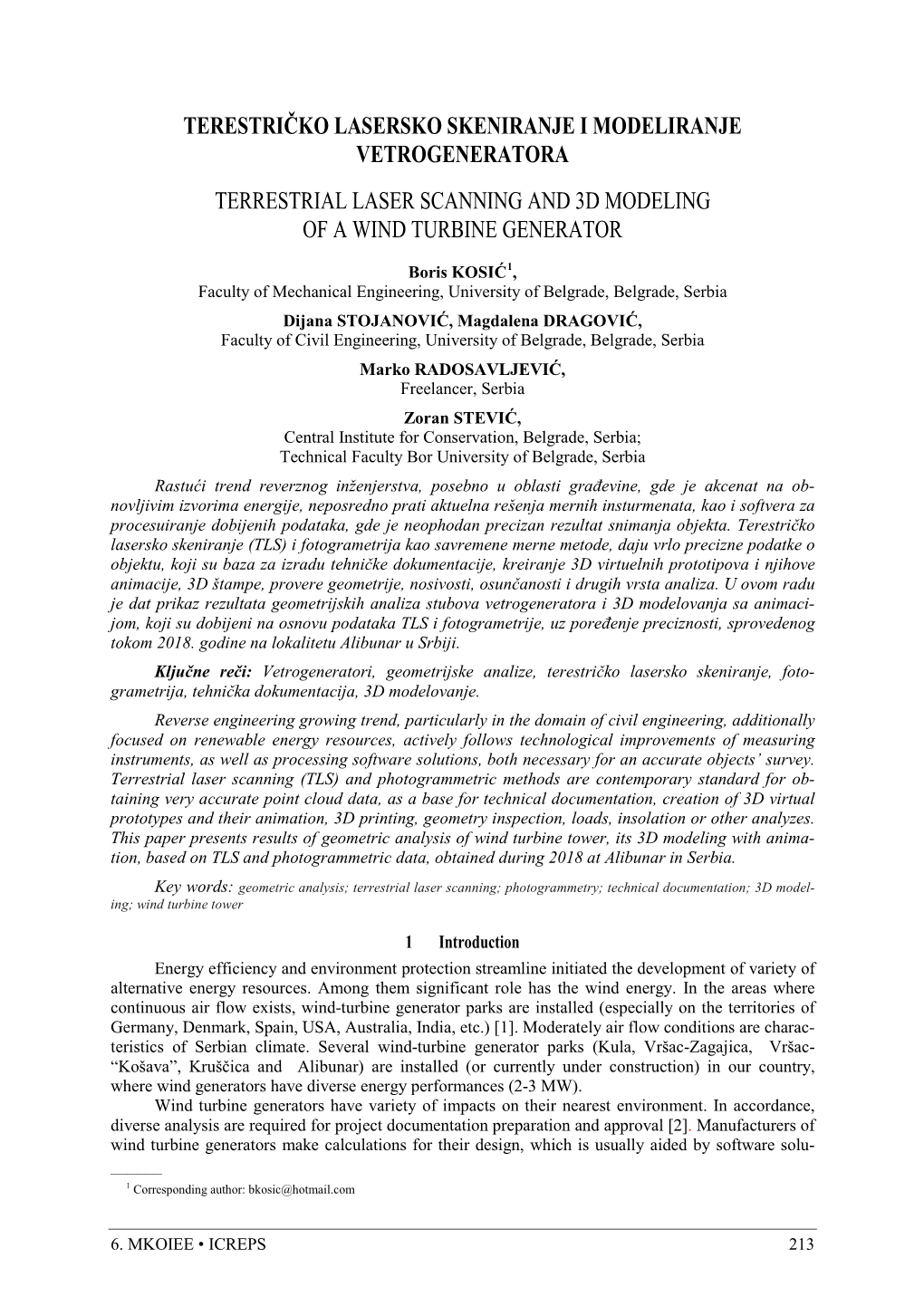 Terestričko Lasersko Skeniranje I Modeliranje Vetrogeneratora Terrestrial Laser Scanning and 3D Modeling of a Wind Turbine Generator