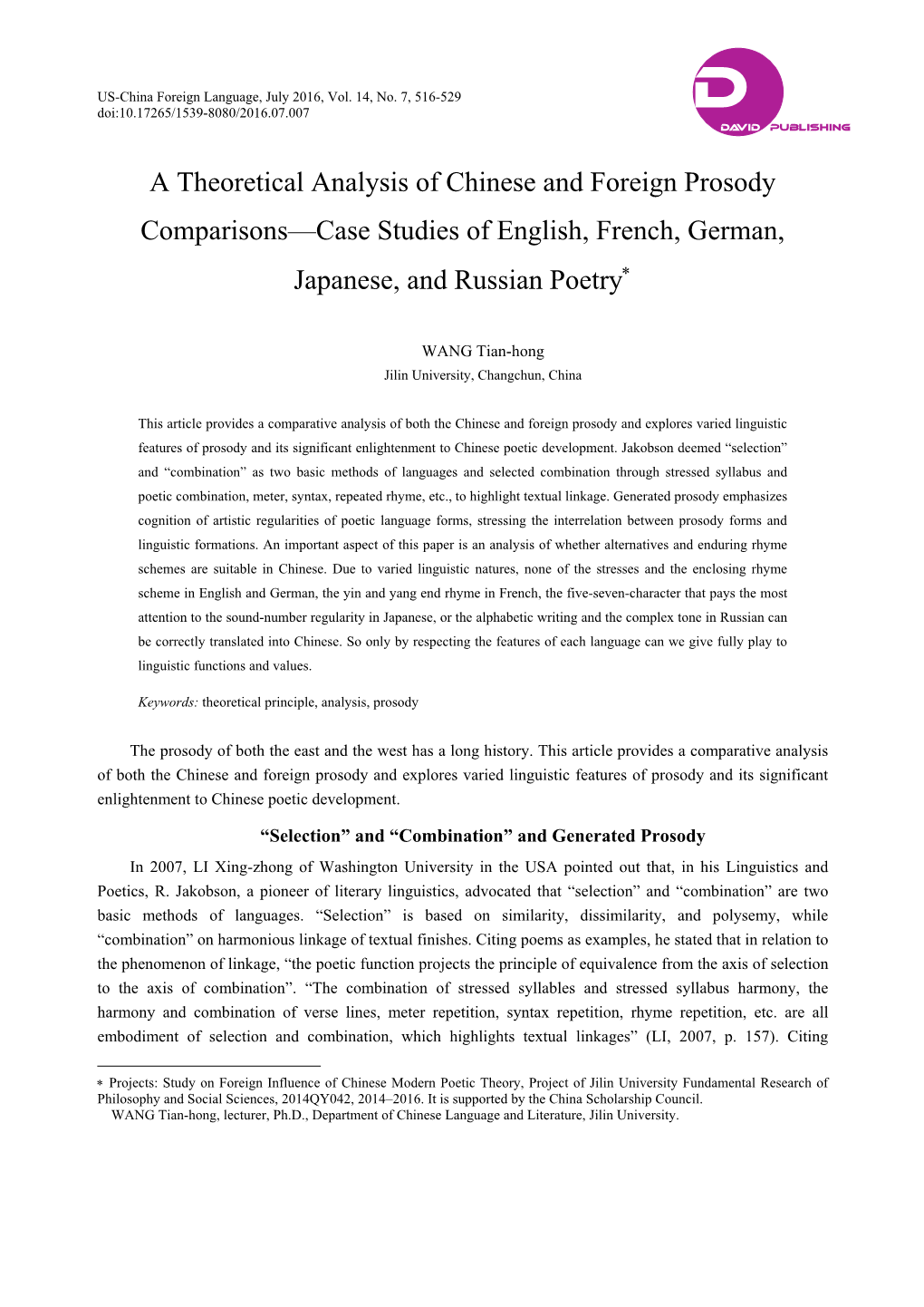 A Theoretical Analysis of Chinese and Foreign Prosody Comparisons—Case Studies of English, French, German, Japanese, and Russian Poetry∗