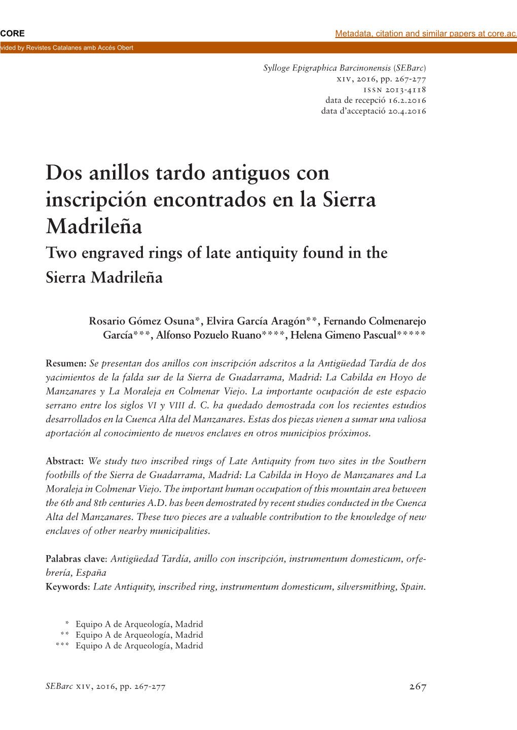 Dos Anillos Tardo Antiguos Con Inscripción Encontrados En La Sierra Madrileña Two Engraved Rings of Late Antiquity Found in the Sierra Madrileña
