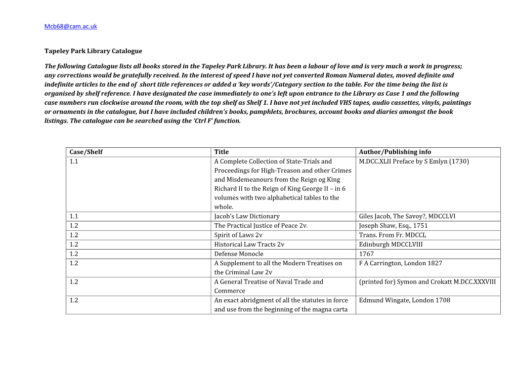 Mcb68@Cam.Ac.Uk Tapeley Park Library Catalogue the Following