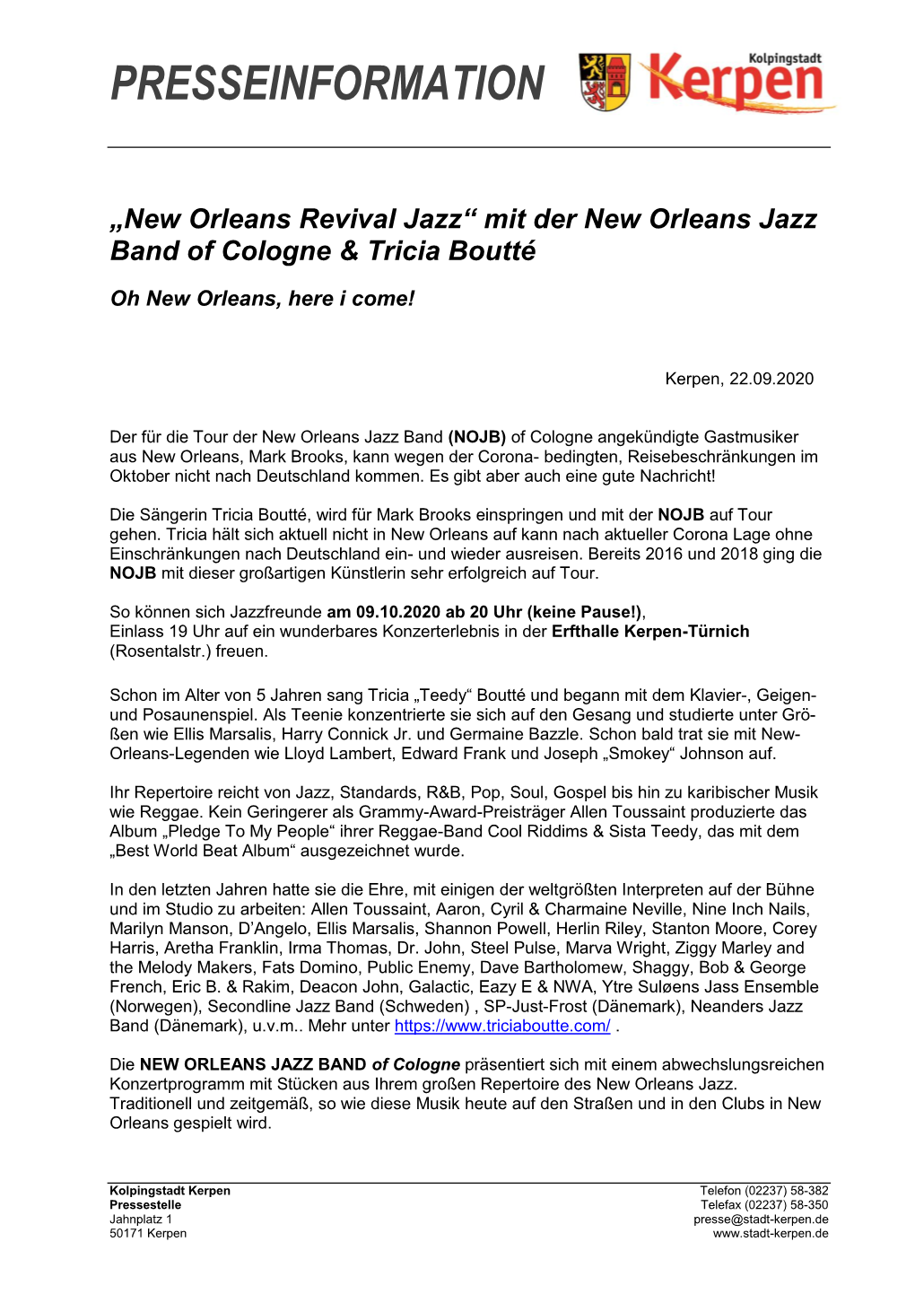 New Orleans Revival Jazz“ Mit Der New Orleans Jazz Band of Cologne & Tricia Boutté