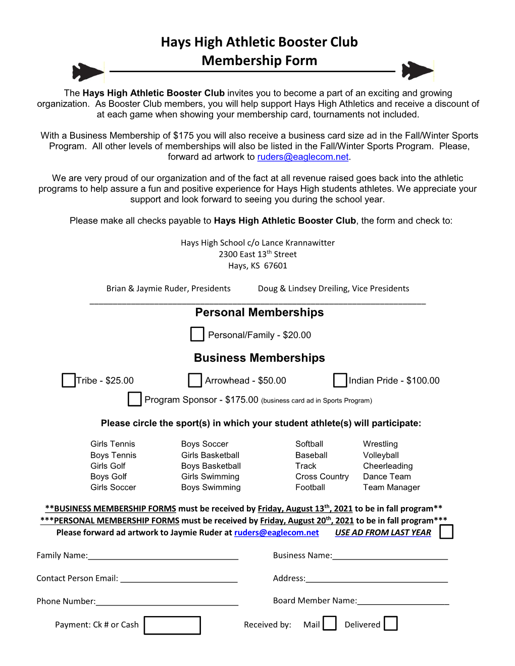 Hays High Athletic Booster Club Membership Form