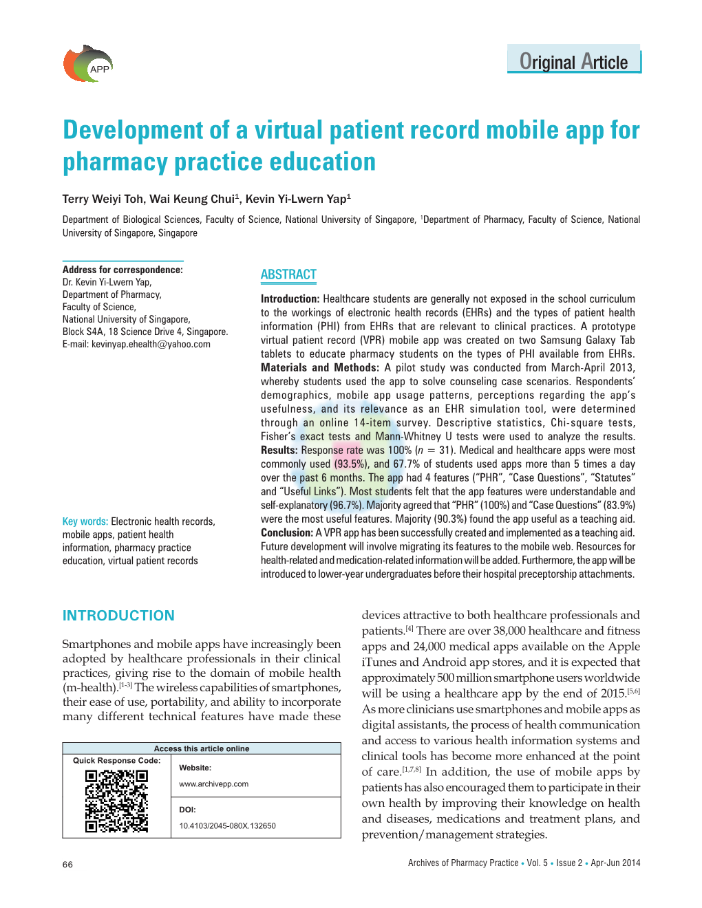 Development of a Virtual Patient Record Mobile App for Pharmacy Practice Education