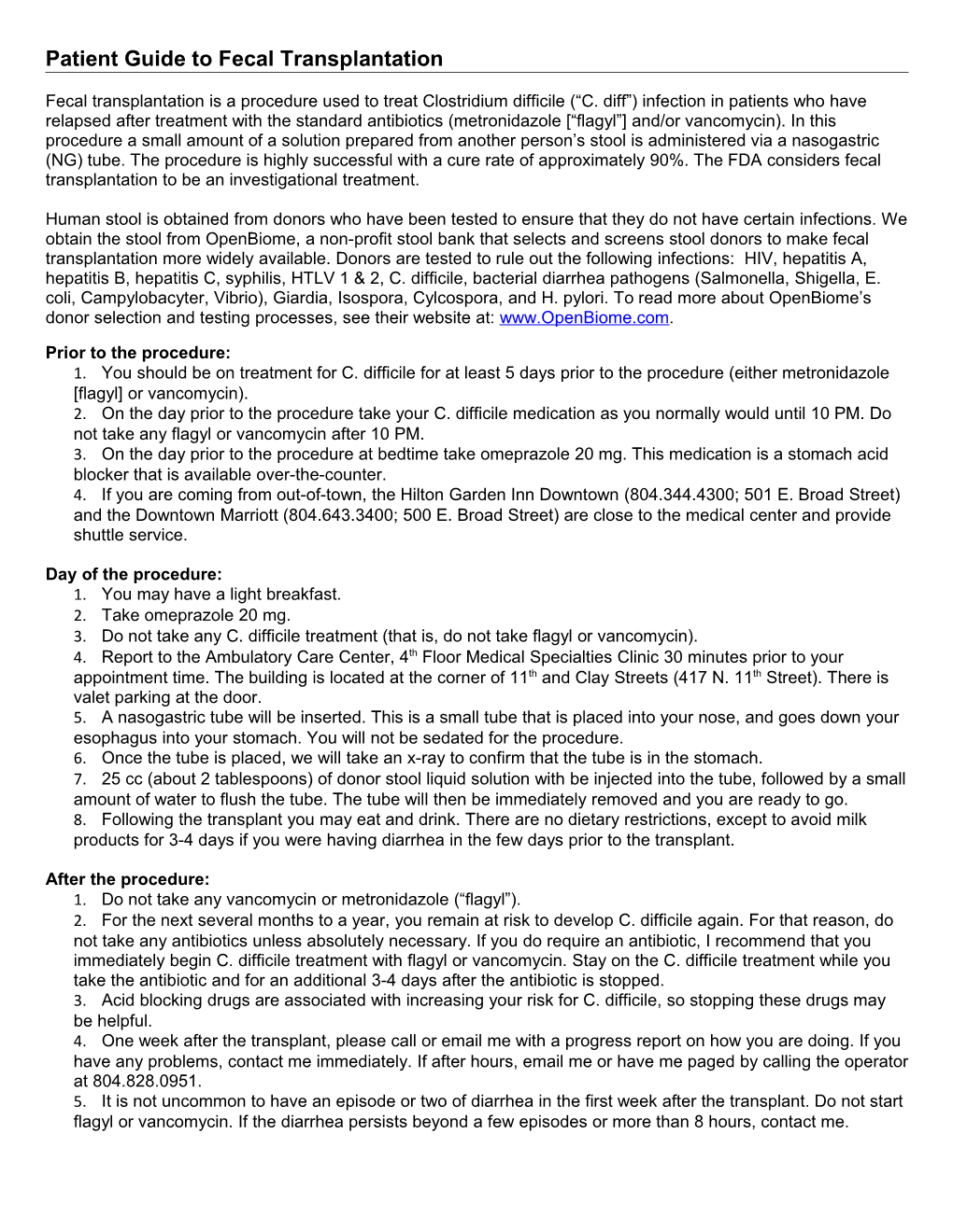 Patient Guide to Fecal Transplantation