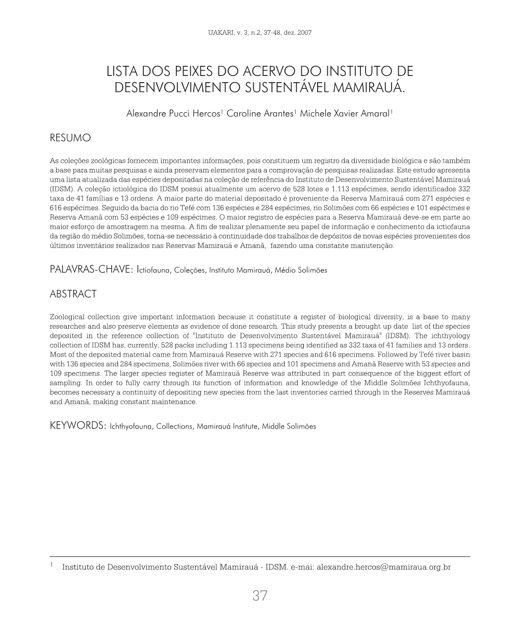 Lista Dos Peixes Do Acervo Do Instituto De Desenvolvimento Sustentável Mamirauá