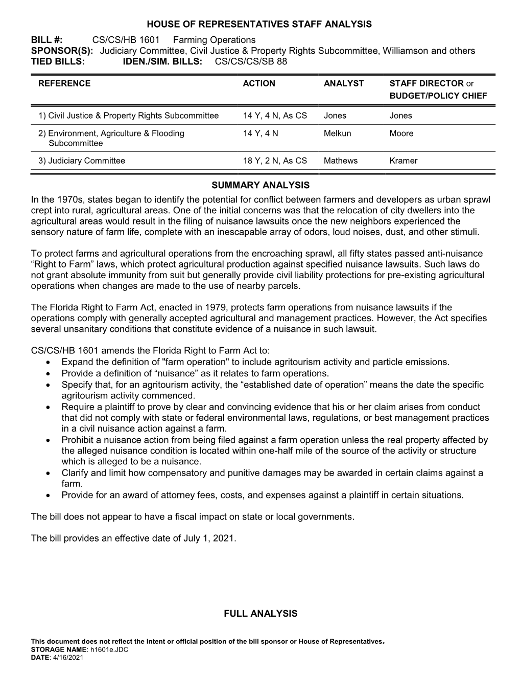 CS/CS/HB 1601 Farming Operations SPONSOR(S): Judiciary Committee, Civil Justice & Property Rights Subcommittee, Williamson and Others TIED BILLS: IDEN./SIM