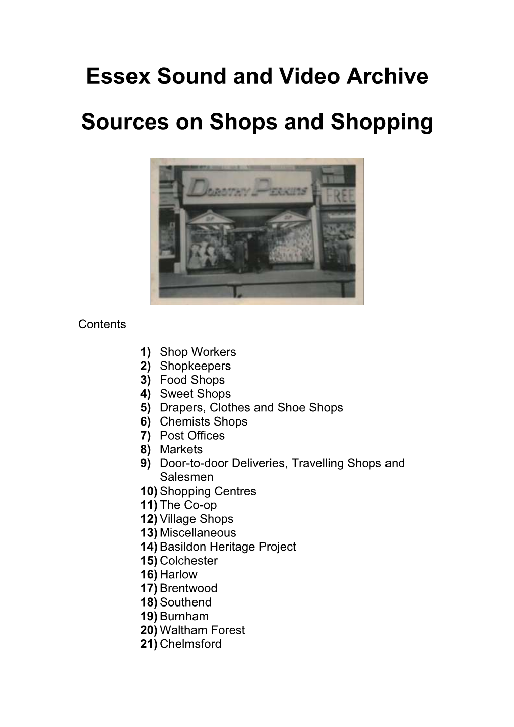 Essex Sound and Video Archive Sources on Shops and Shopping
