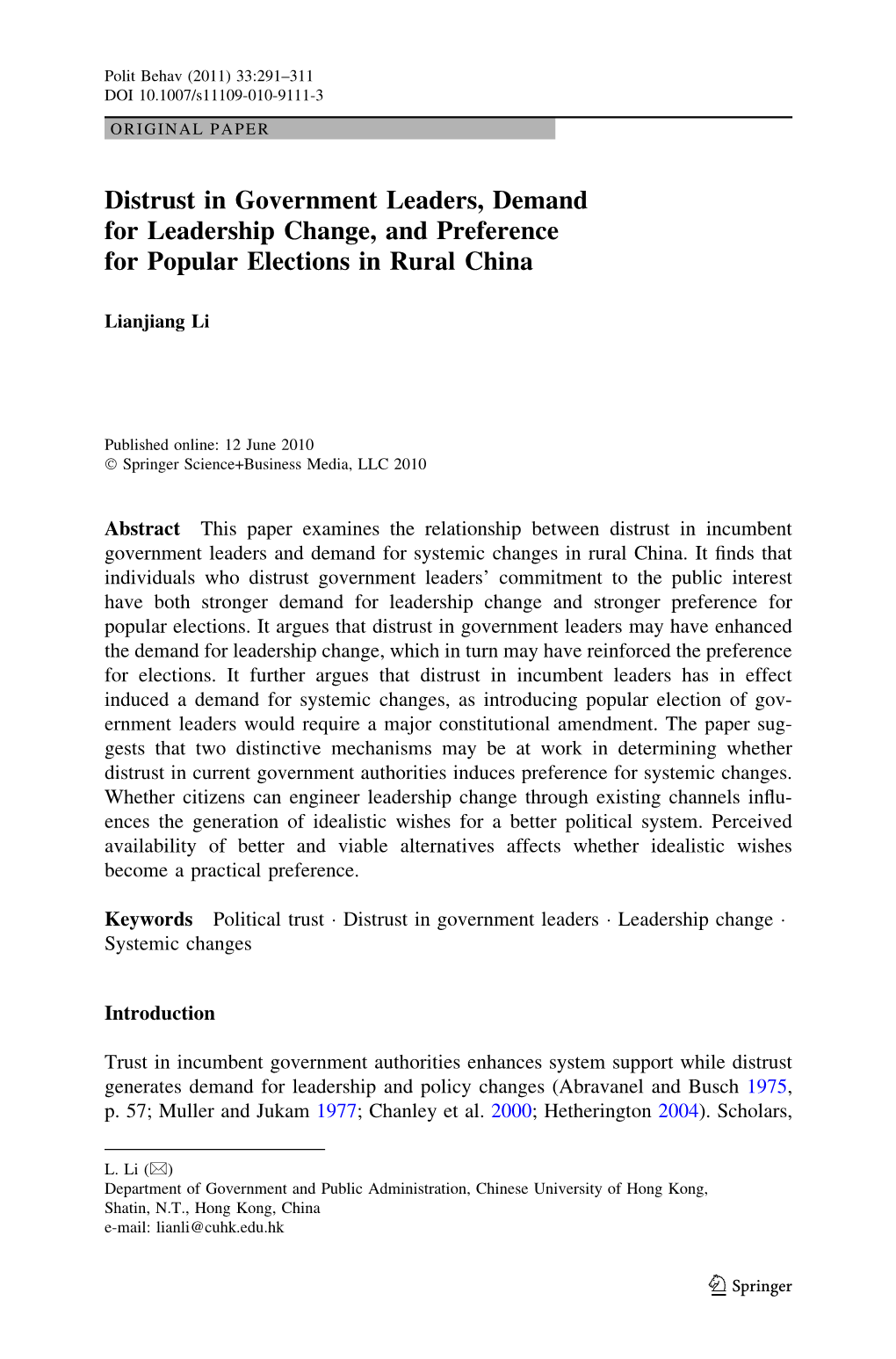 Distrust in Government Leaders, Demand for Leadership Change, and Preference for Popular Elections in Rural China