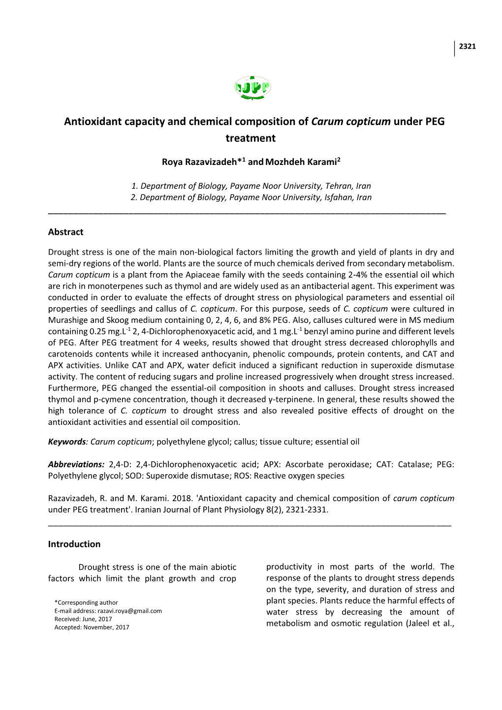 Antioxidant Capacity and Chemical Composition of Carum Copticum Under PEG Treatment