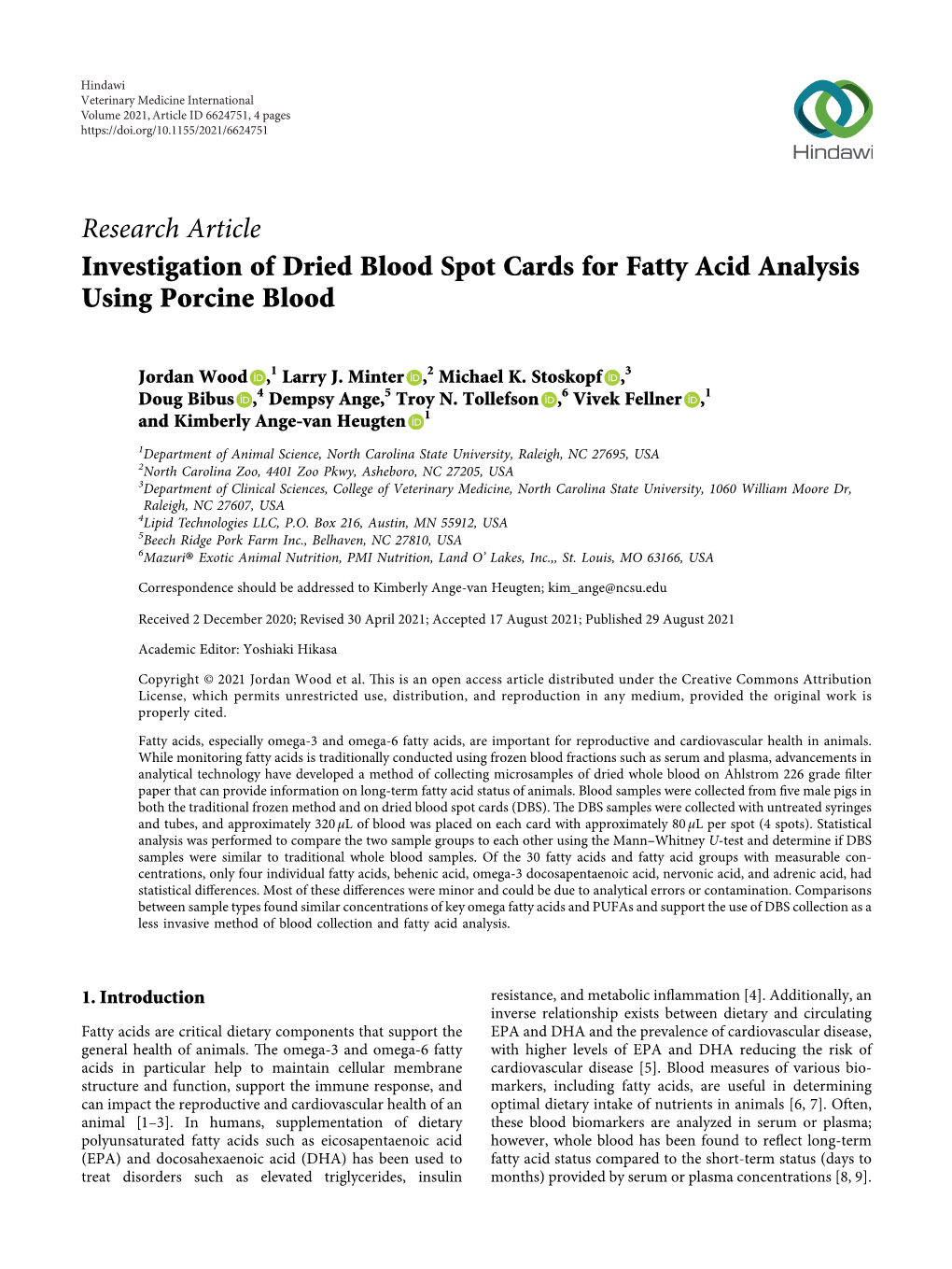 Research Article Investigation of Dried Blood Spot Cards for Fatty Acid Analysis Using Porcine Blood