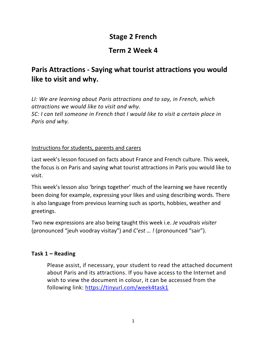 Stage 2 French Term 2 Week 4 Paris Attractions