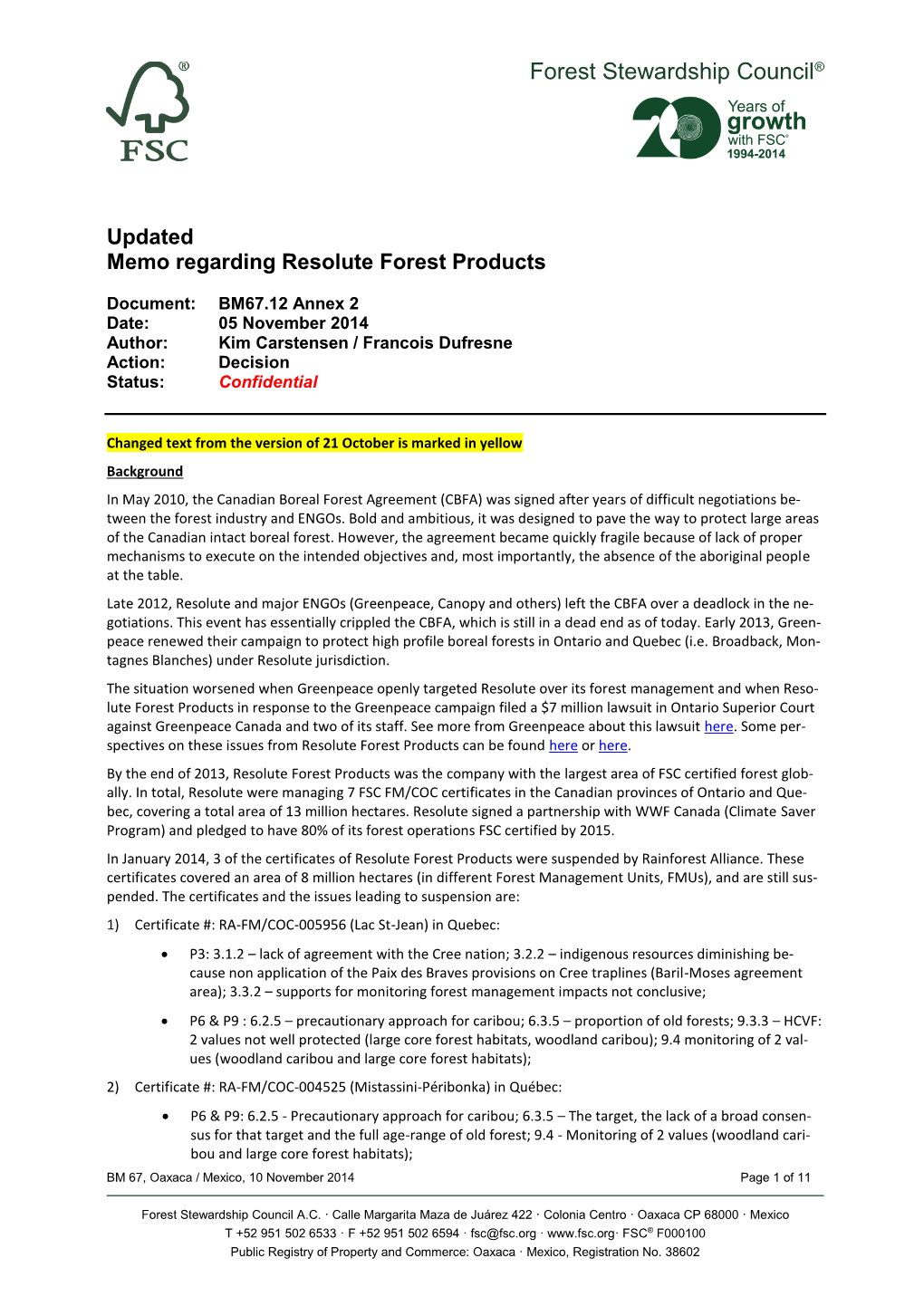 Updated Memo Regarding Resolute Forest Products