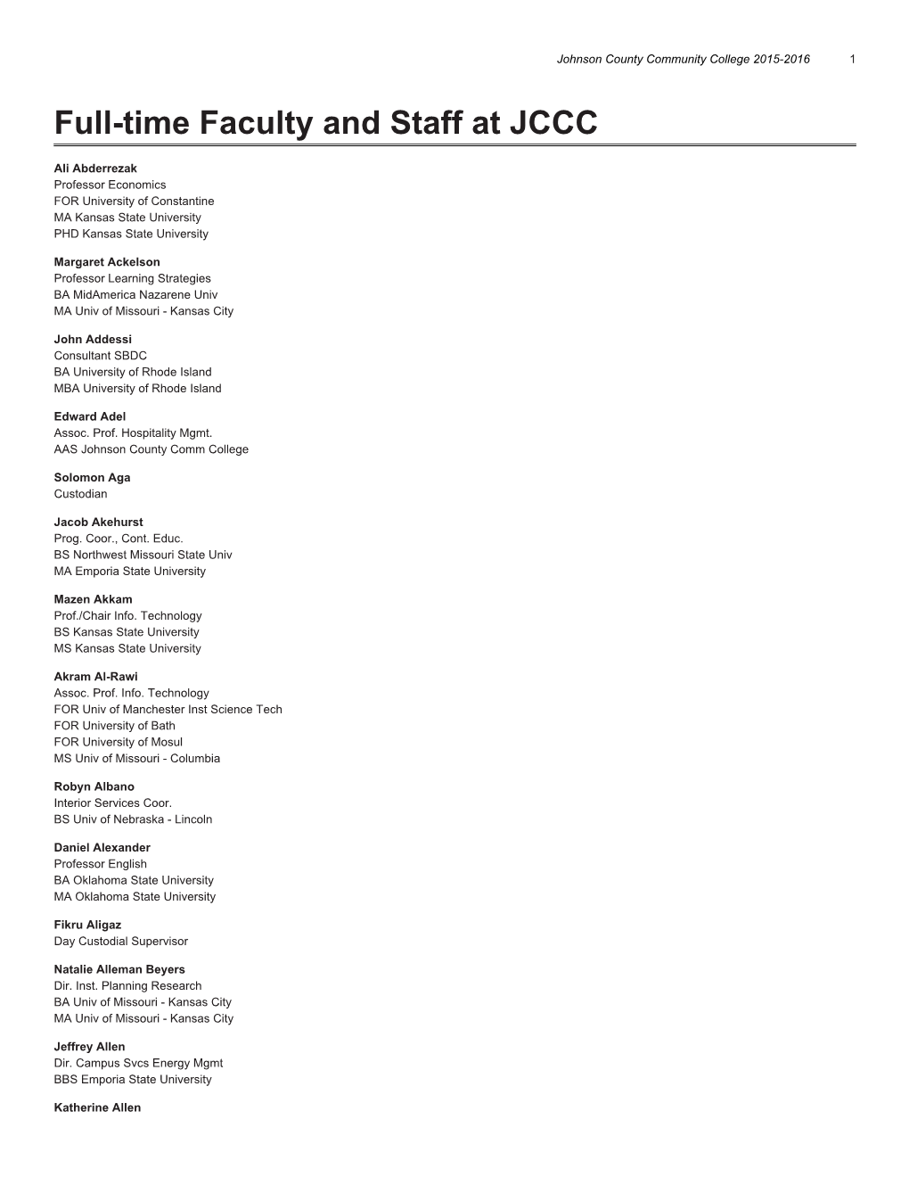 Full-Time Faculty and Staff at JCCC