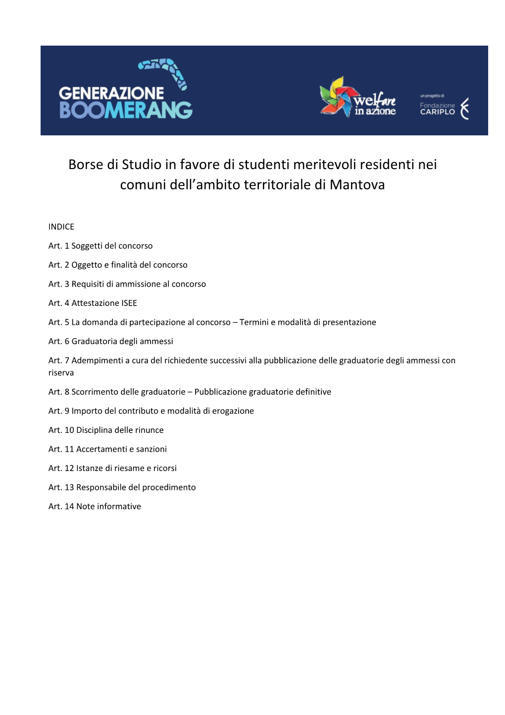 Borse Di Studio in Favore Di Studenti Meritevoli Residenti Nei Comuni Dell’Ambito Territoriale Di Mantova