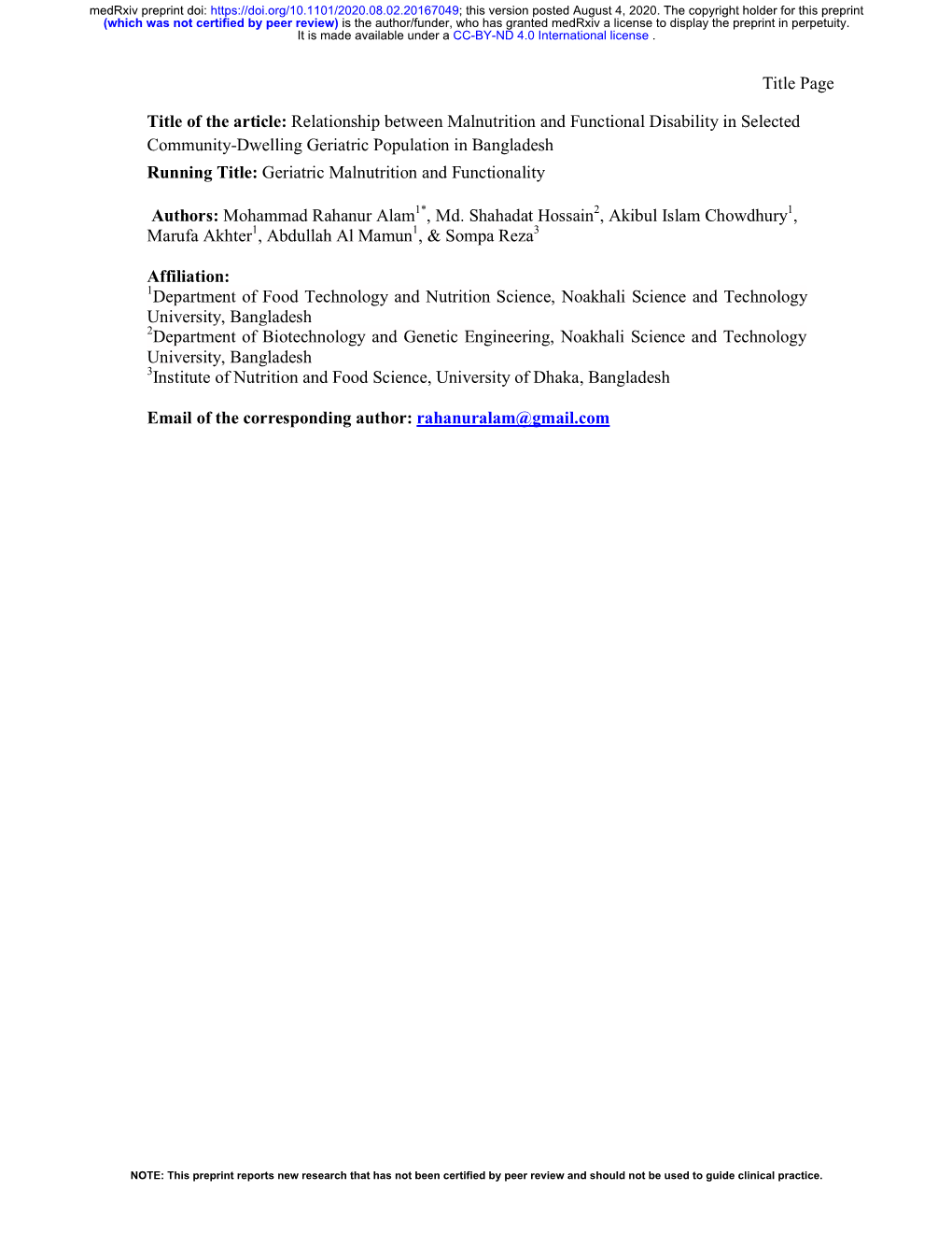 Relationship Between Malnutrition and Functional Disability