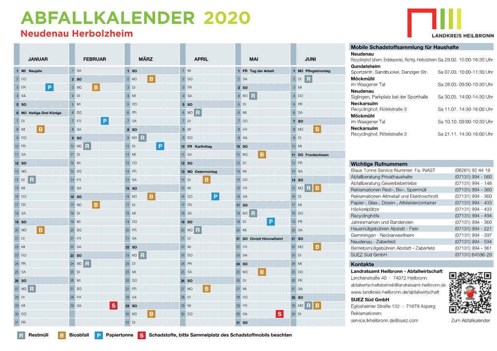 ABFALLKALENDER 2020 Neudenau Herbolzheim