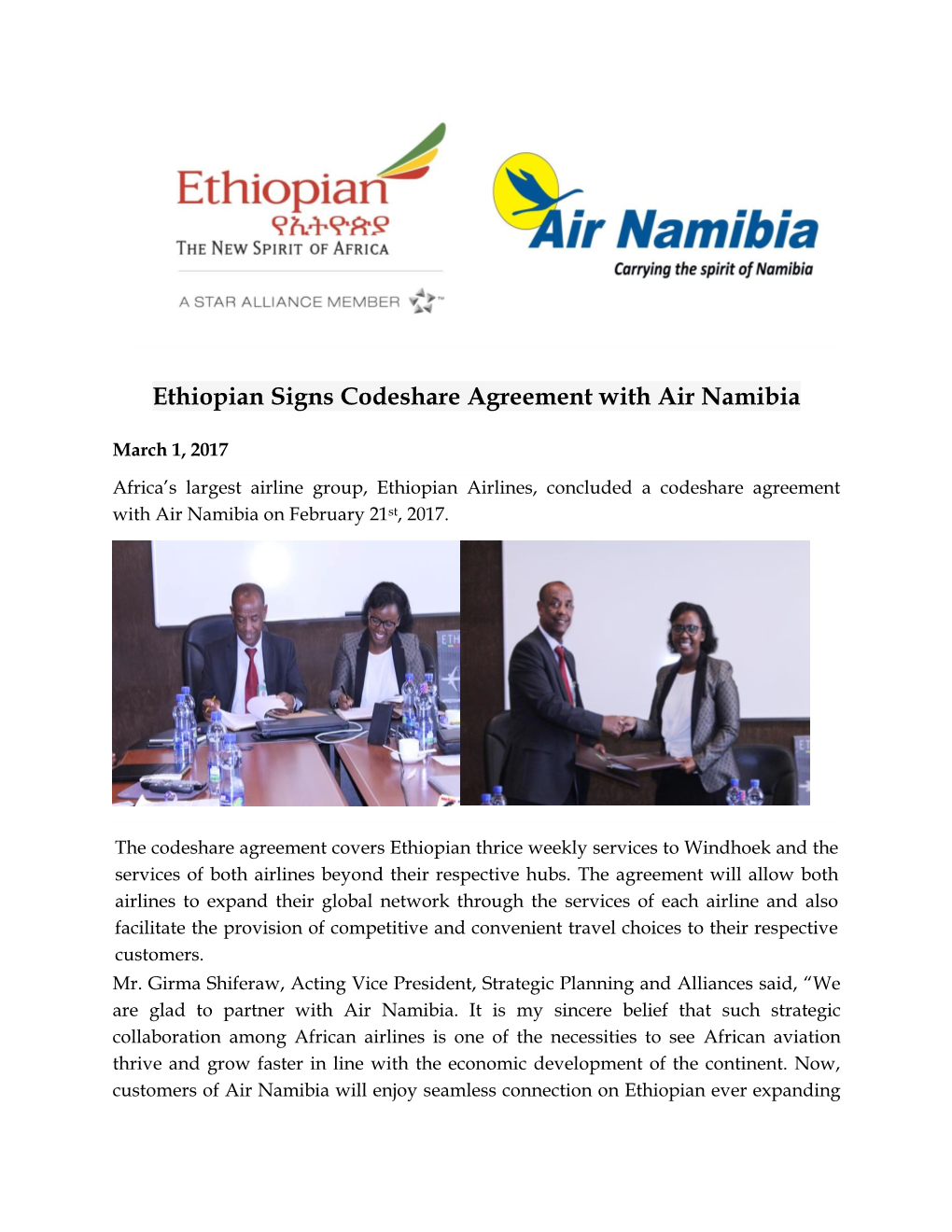 Ethiopian Signs Codeshare Agreement with Air Namibia
