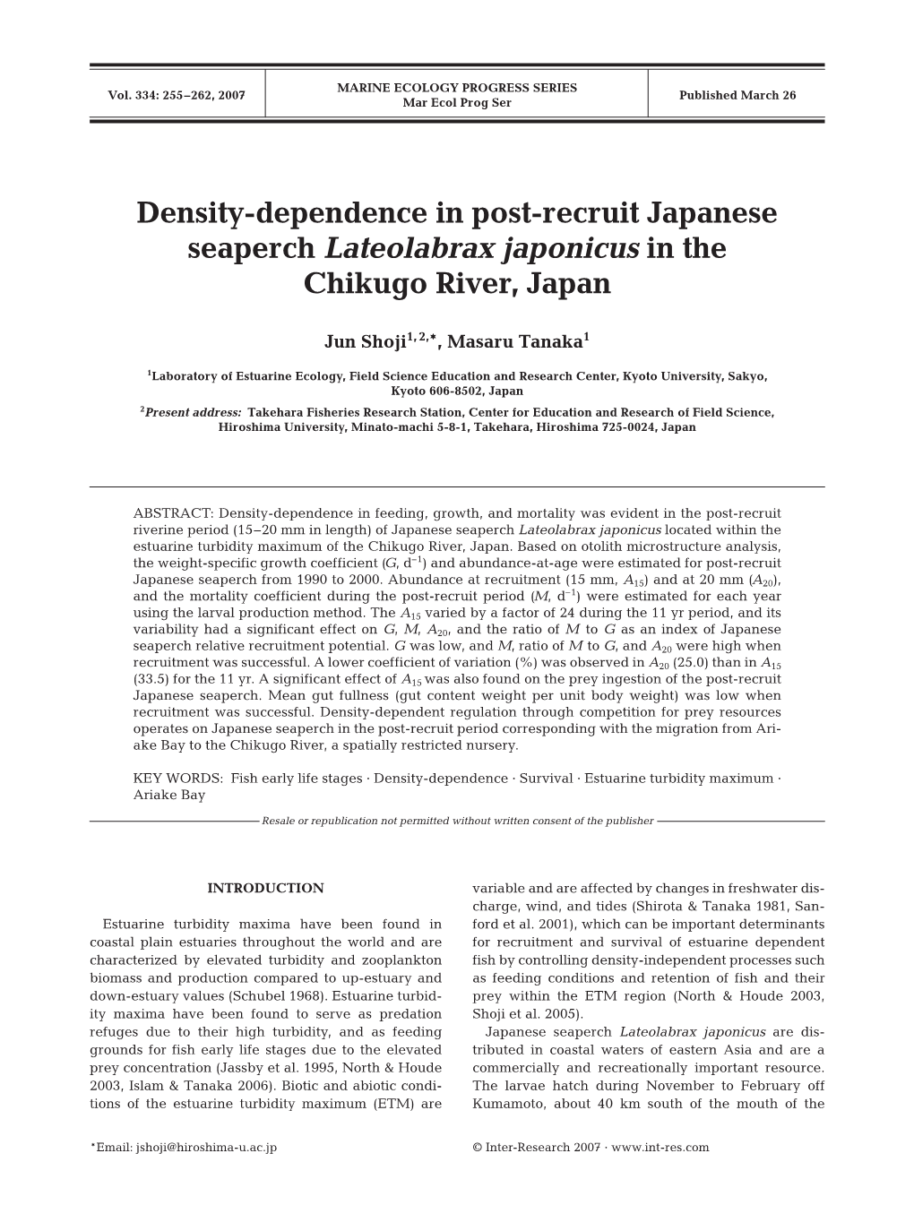 Density-Dependence in Post-Recruit Japanese Seaperch Lateolabrax Japonicus in the Chikugo River, Japan