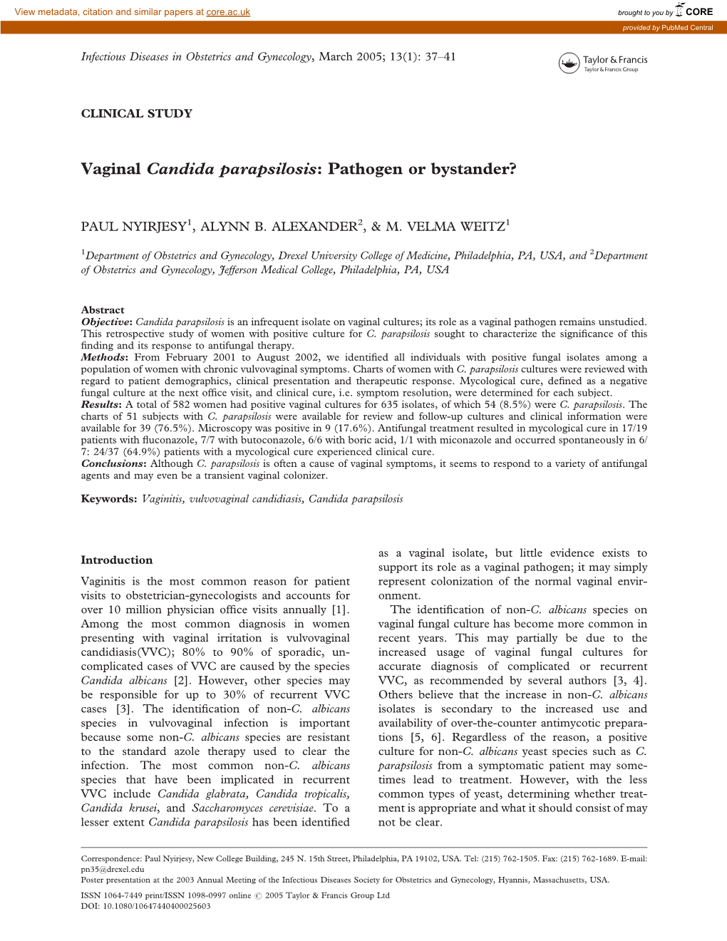 Vaginal Candida Parapsilosis: Pathogen Or Bystander?