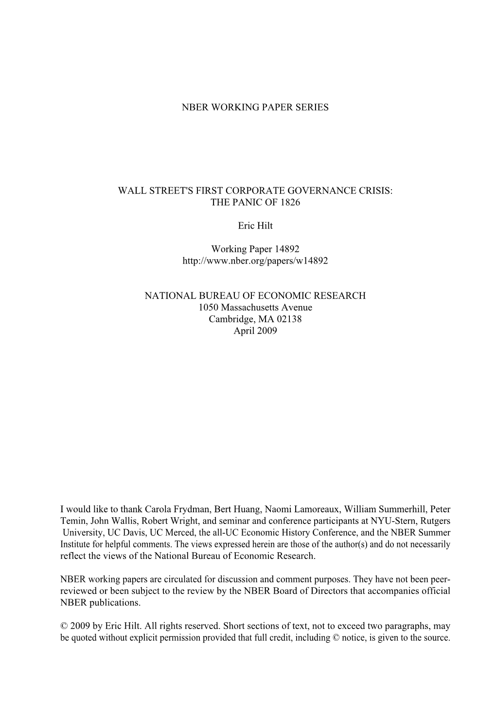 Wall Street's First Corporate Governance Crisis: the Panic of 1826